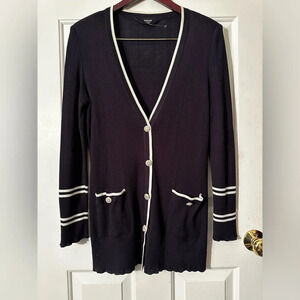 MISOOK Collection CLEAN Navy White Nautical Lightweight Cardigan Scallop Hem LG